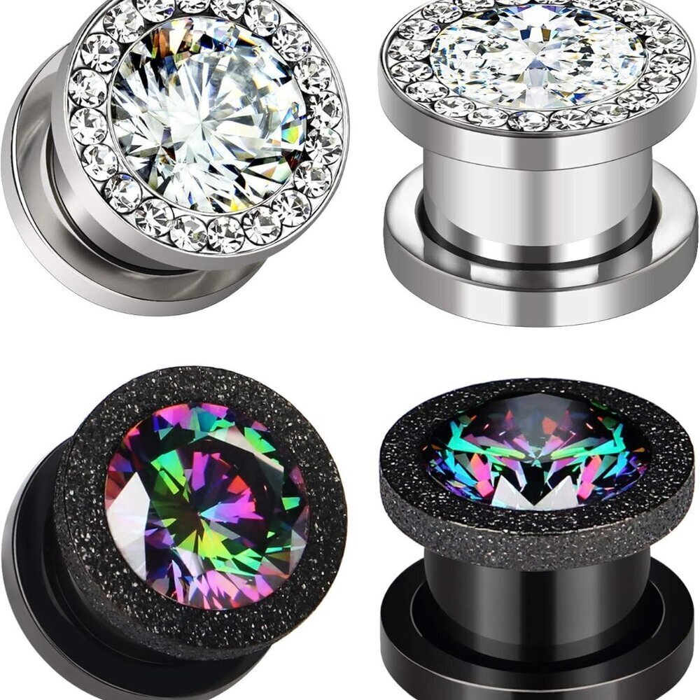 2 Pairs CZ Gems Ear Gauges Plugs Stainless Steel Flesh Tunnels Expander Jewelry